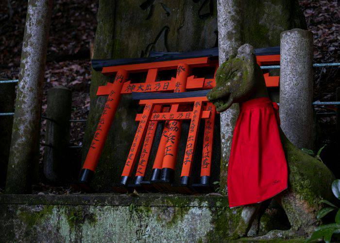 Inari shrine with multiple small, red torii gates and a moss-covered fox guardian.